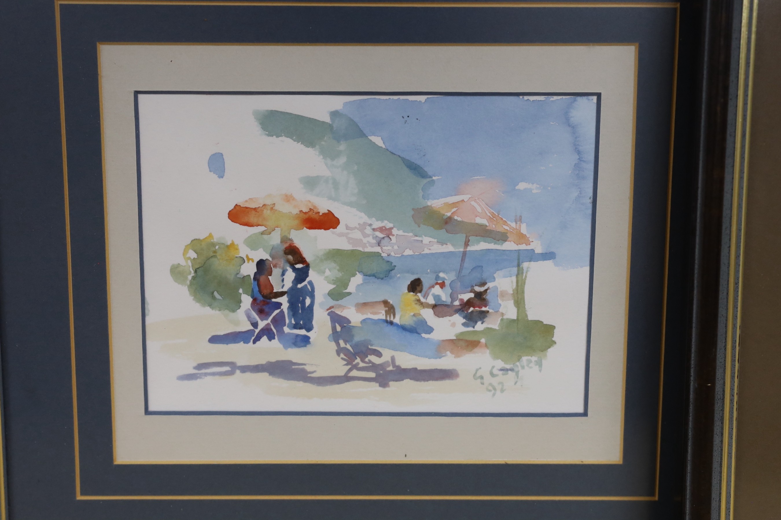 Granville Cayley, three watercolours, Carribbean beach scene, Thames view and View of a memorial, two signed and dated '92/'93, largest 13 x 18cm